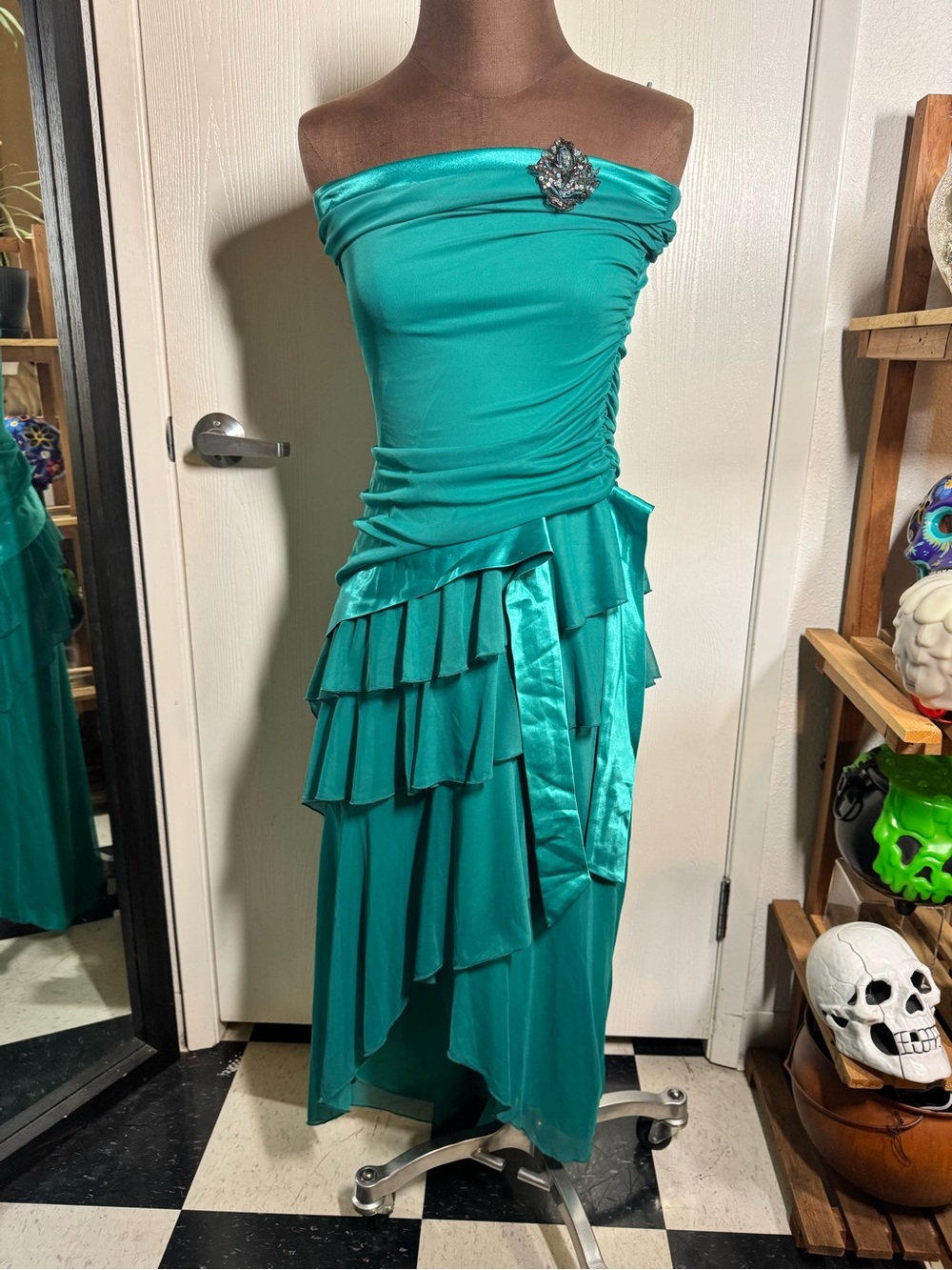 A. Byer Teal Strapless Ruffle Satin Dress with Brooch